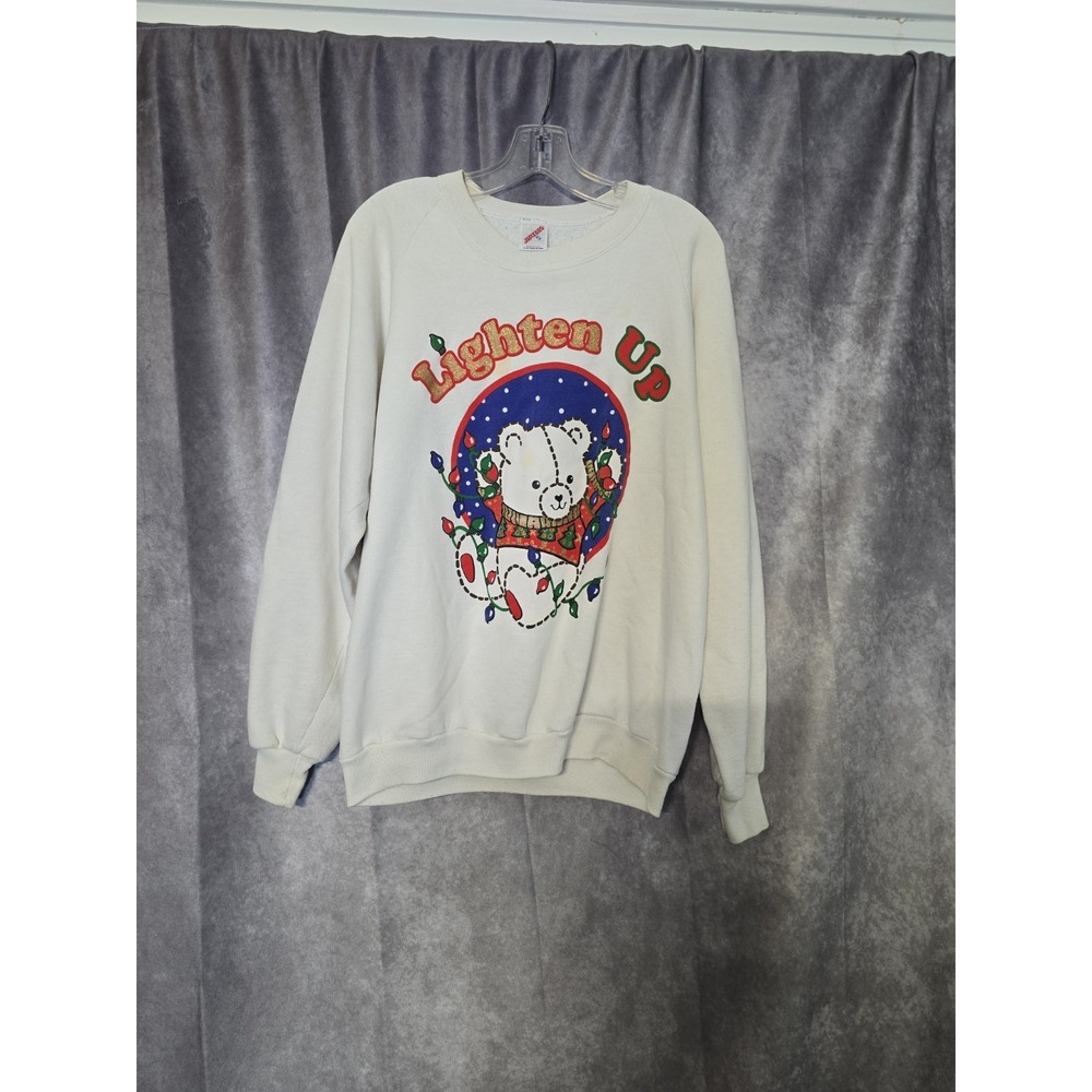 Vintage 80s 90s Jerzees Lighten Up Christmas Bear Sweatshirt Size XL Flaws